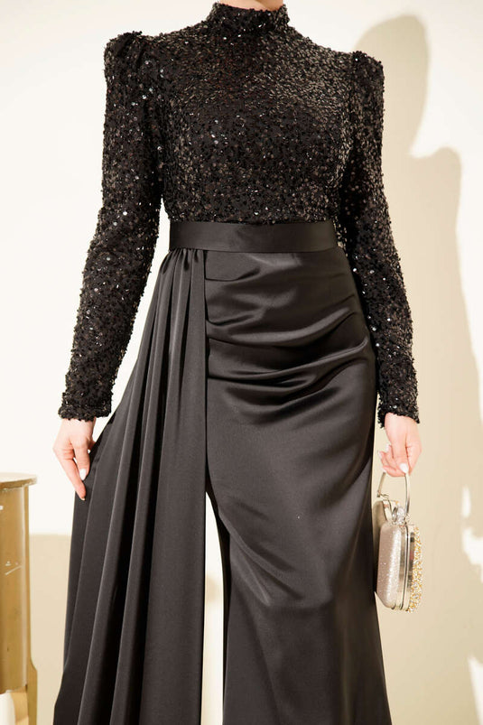 فستان سهرة مزين بالترتر مع تفاصيل الكتف باللون الأسود