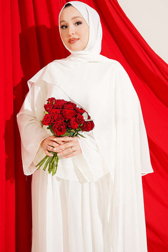 Ecru Doppelset Mit Chiffon-Cape Und Binde-Detail