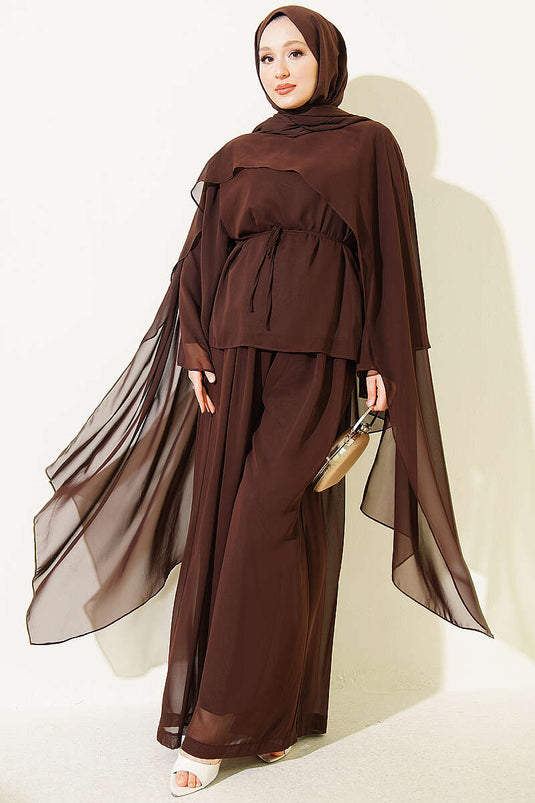 Coffee Chiffon Double Set With Pleated Cape And Tie Detail