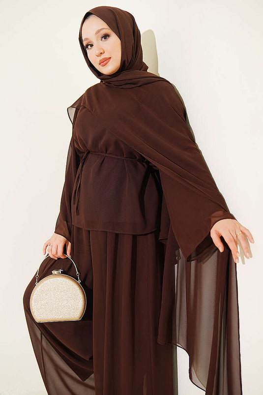 Coffee Chiffon Double Set With Pleated Cape And Tie Detail