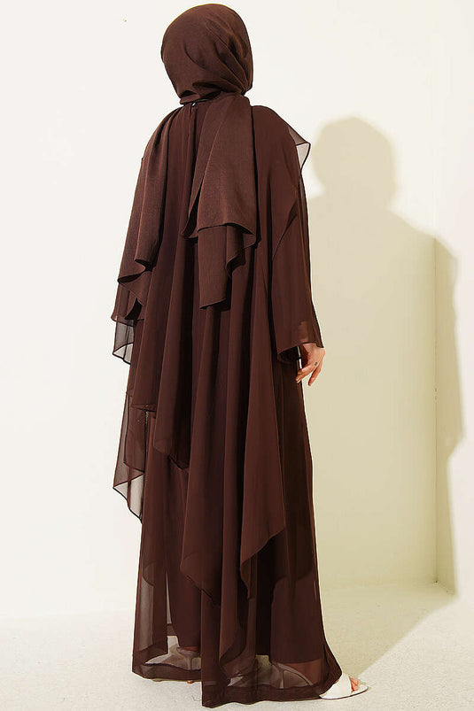 Coffee Chiffon Double Set With Pleated Cape And Tie Detail