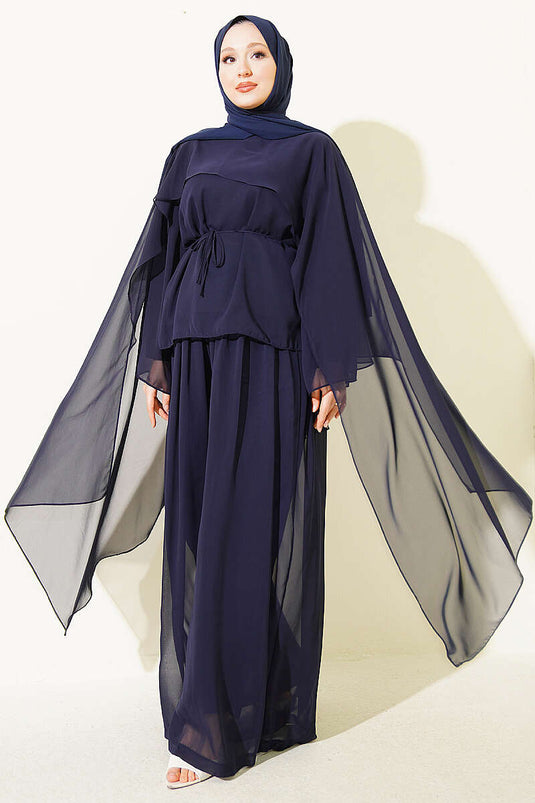 Navy Blue Double Set With Sheer Cape And Tie Detail