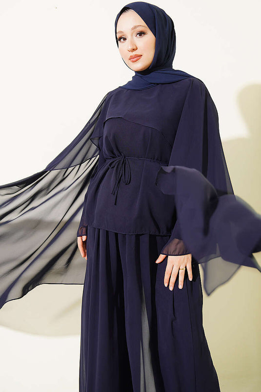 Navy Blue Double Set With Sheer Cape And Tie Detail