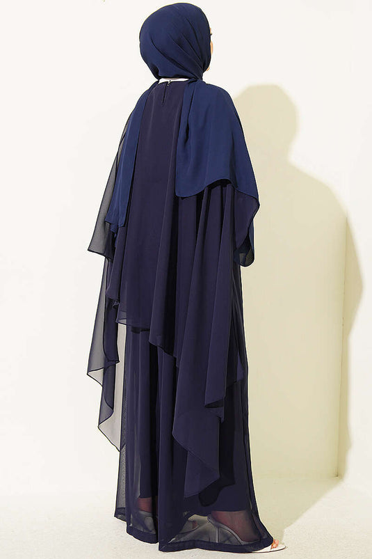 Navy Blue Double Set With Sheer Cape And Tie Detail