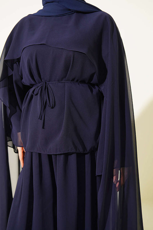 Navy Blue Double Set With Sheer Cape And Tie Detail