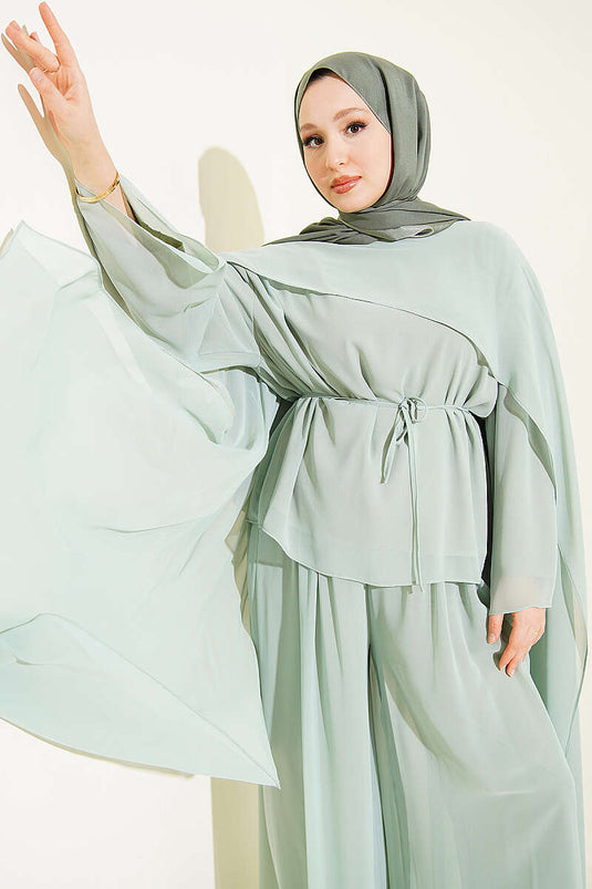 Mint Chiffon Double Set With Pleated Shawl And Tie Detail
