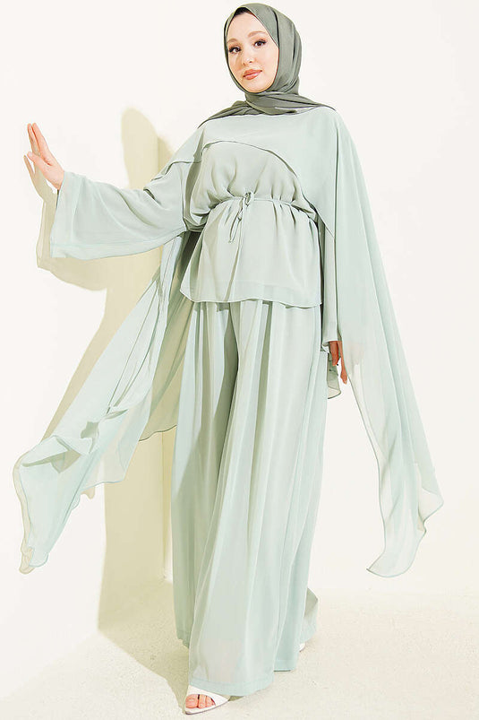 Mint Chiffon Double Set With Pleated Shawl And Tie Detail