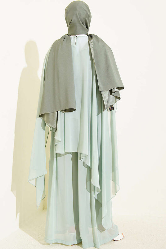 Mint Chiffon Double Set With Pleated Shawl And Tie Detail