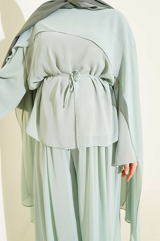Mint Chiffon Double Set With Pleated Shawl And Tie Detail