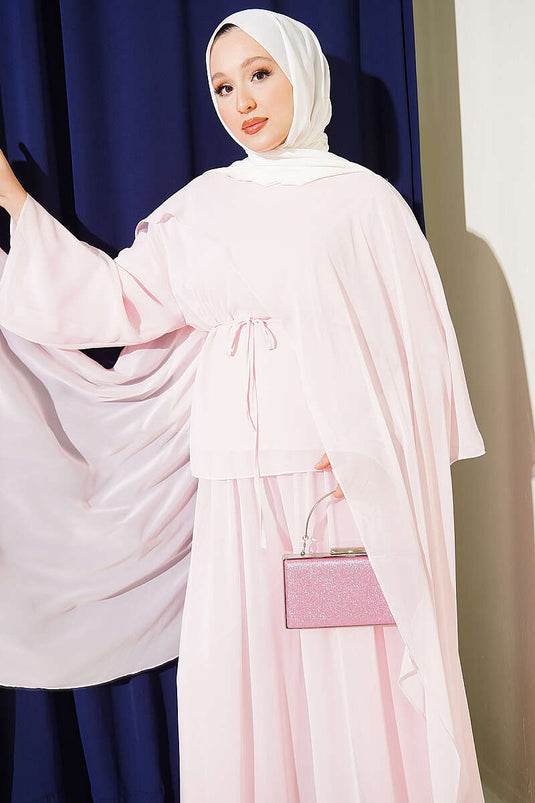 Pink Double Set With Chiffon Cape And Tie Detail