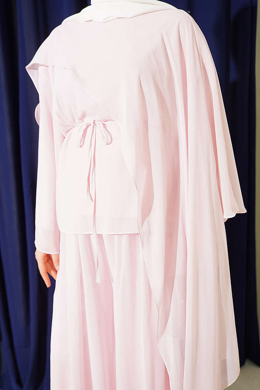 Pink Double Set With Chiffon Cape And Tie Detail