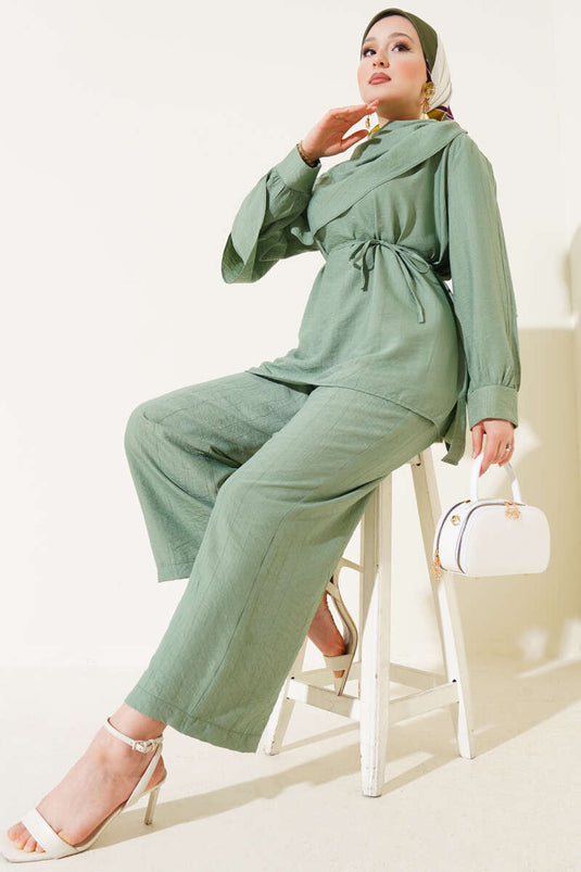 Pelerin Detaylı Tunik İkili Takım Çağla Yeşili