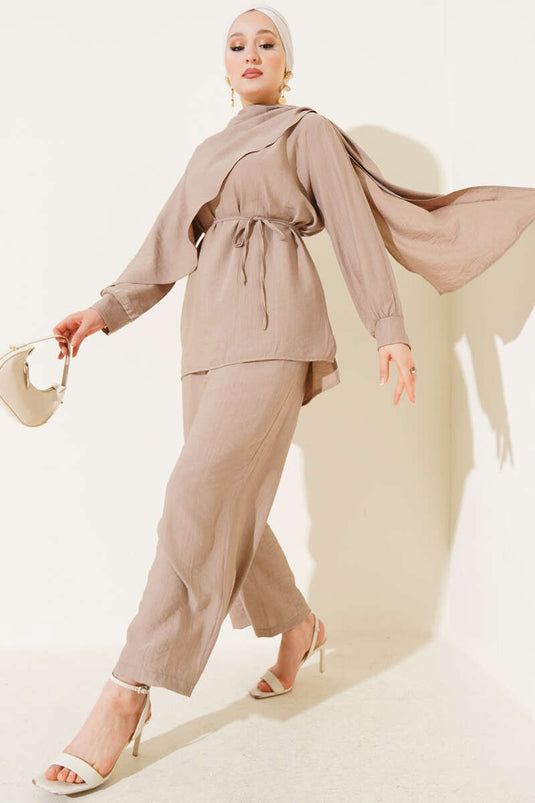 طقم تونيك بتفاصيل كيب من قطعتين من المنك