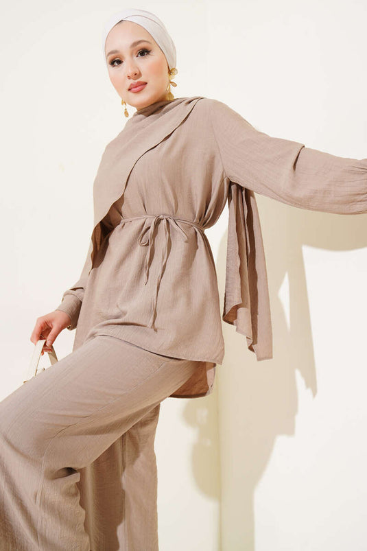 طقم تونيك بتفاصيل كيب من قطعتين من المنك