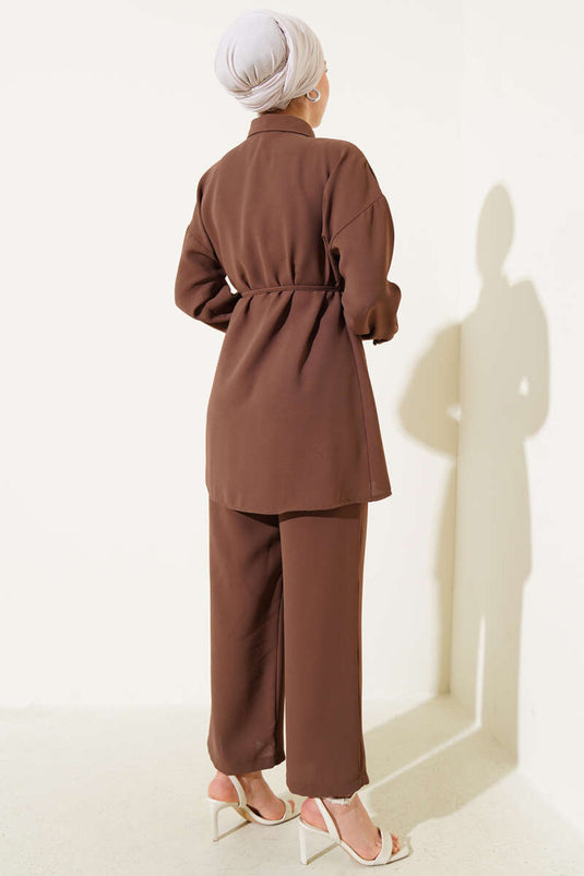 Cape Piece Rope Belted Two Piece Suit Brown