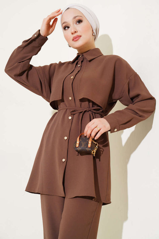 Cape Piece Rope Belted Two Piece Suit Brown