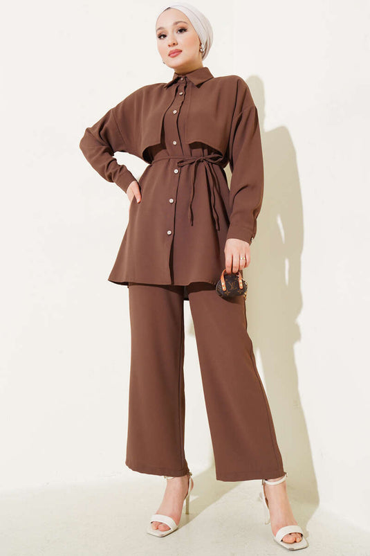 Cape Piece Rope Belted Two Piece Suit Brown