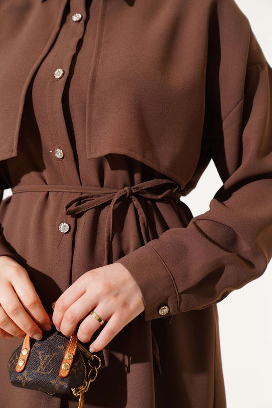 Cape Piece Rope Belted Two Piece Suit Brown