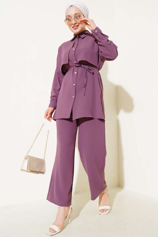 Costume deux pièces cape avec ceinture en corde magenta