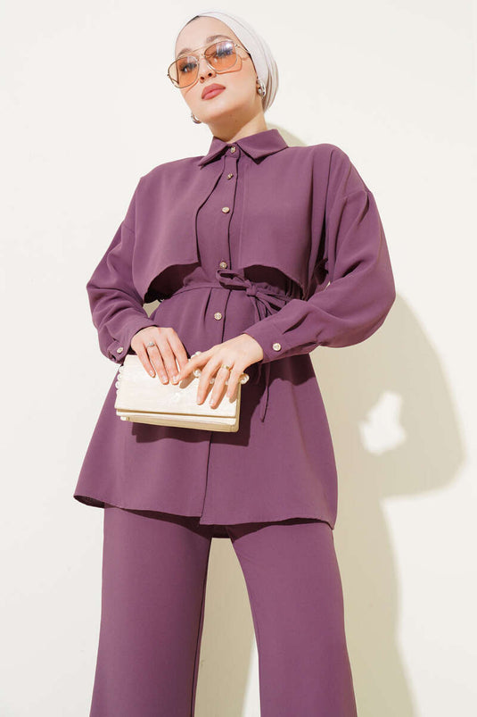 Costume deux pièces cape avec ceinture en corde magenta