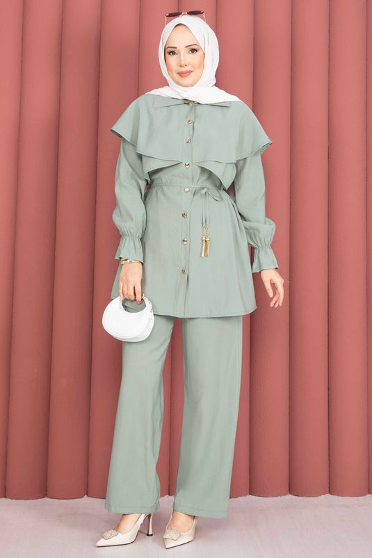 Mint Cape-Style Buttoned Tunic and Pants Set