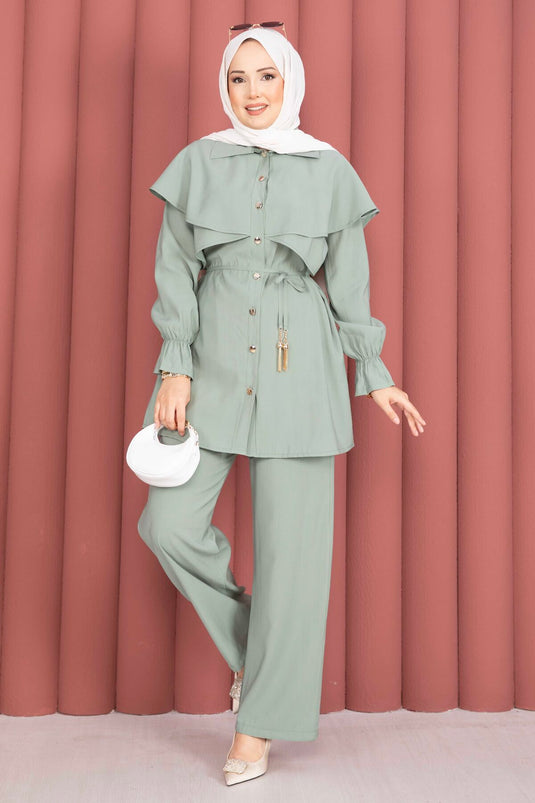 Mint Cape-Style Buttoned Tunic and Pants Set