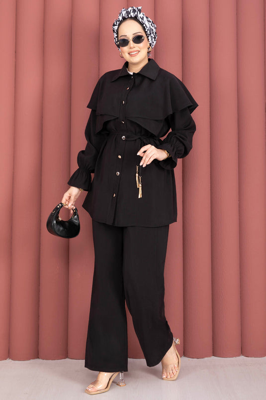 Tunika-Hosen-Set mit Umhang-Design und Knöpfen, Schwarz