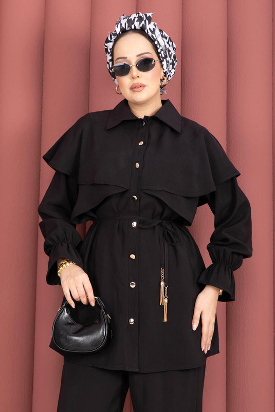 Tunika-Hosen-Set mit Umhang-Design und Knöpfen, Schwarz