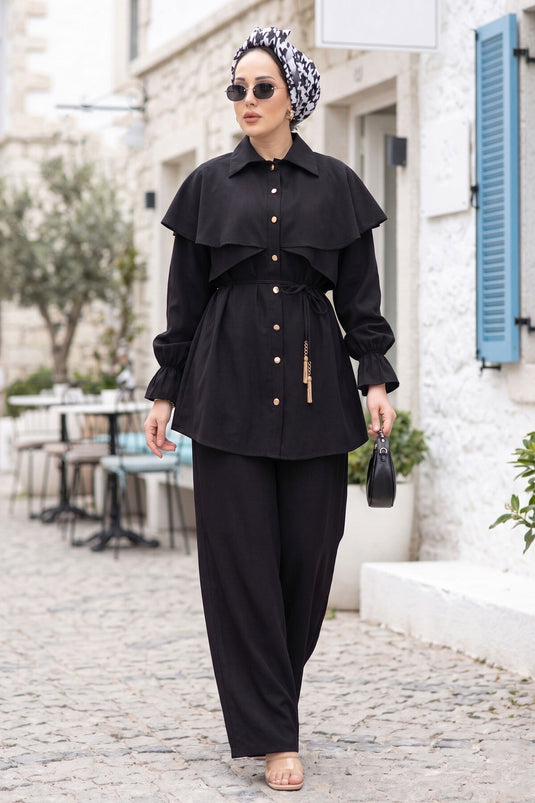 Tunika-Hosen-Set mit Umhang-Design und Knöpfen, Schwarz