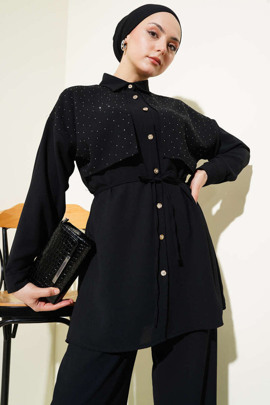 Costume deux pièces noir avec ceinture en corde et cape Stoned