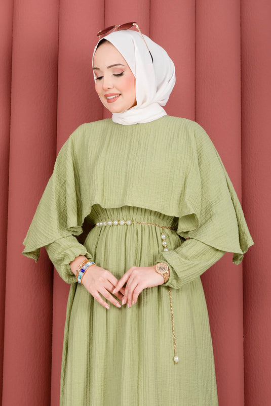 Cape Collar Elastic Waist Lined Summer Dress Green Olive