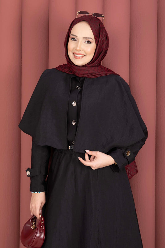 Two-Piece Set with Cape and Epaulet Detail Skirt Black