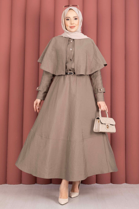 Two-Piece Set with Cape and Epaulet Detail Skirt in Mink