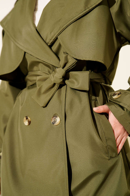 Four-Button Short Trench Coat with Cape, Khaki