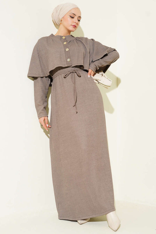 Pelerinli İp Bağcıklı Elbise Vizon