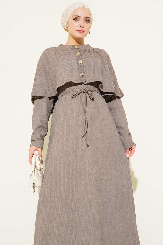 Pelerinli İp Bağcıklı Elbise Vizon