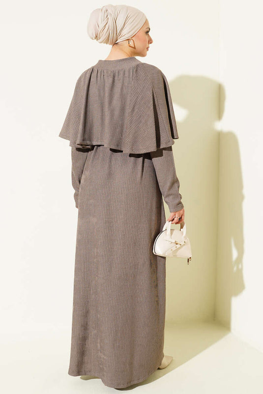 Pelerinli İp Bağcıklı Elbise Vizon