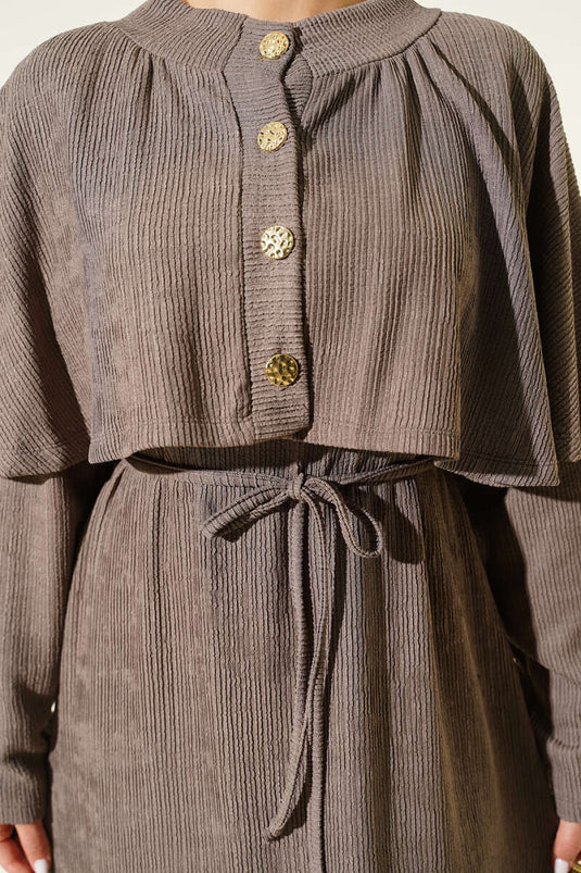 Pelerinli İp Bağcıklı Elbise Vizon