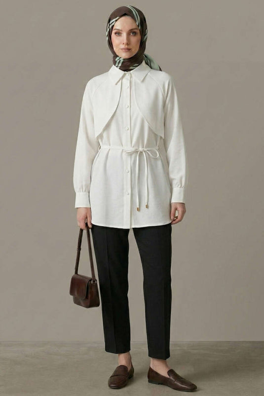 Pelerinli İp Detaylı Tunik Beyaz