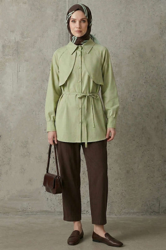 Pelerinli İp Detaylı Tunik Çağla Yeşili