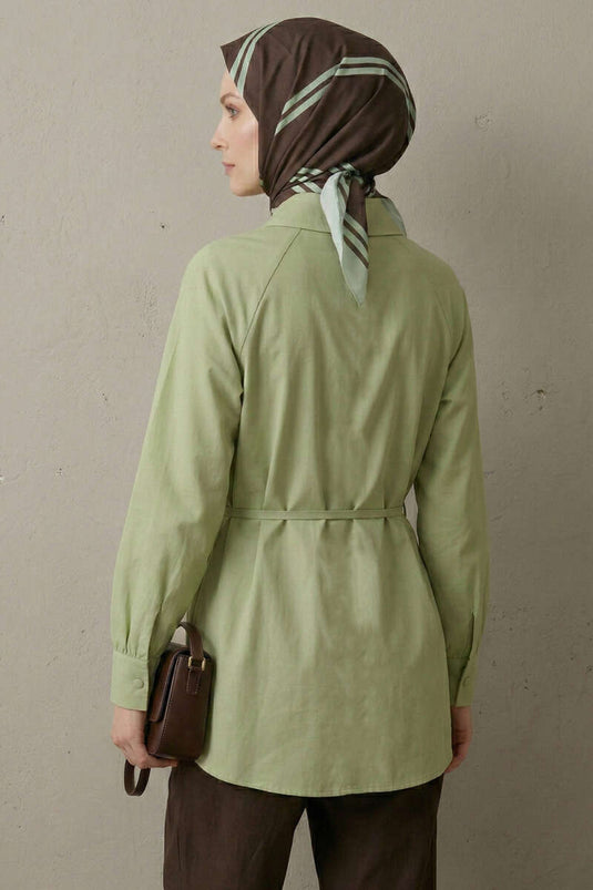 Pelerinli İp Detaylı Tunik Çağla Yeşili