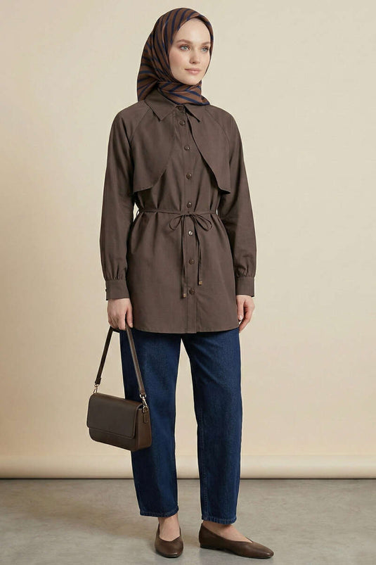 Pelerinli İp Detaylı Tunik Kahve