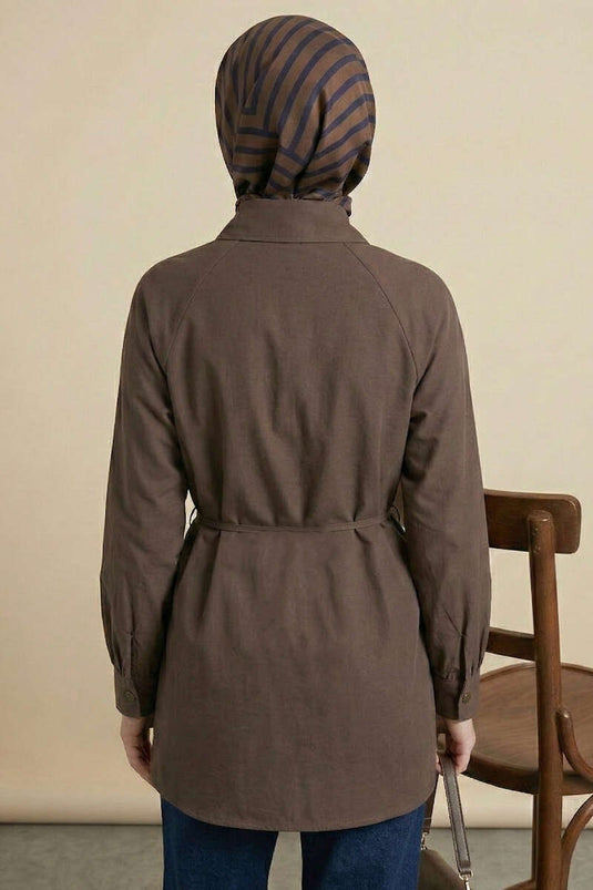 Pelerinli İp Detaylı Tunik Kahve