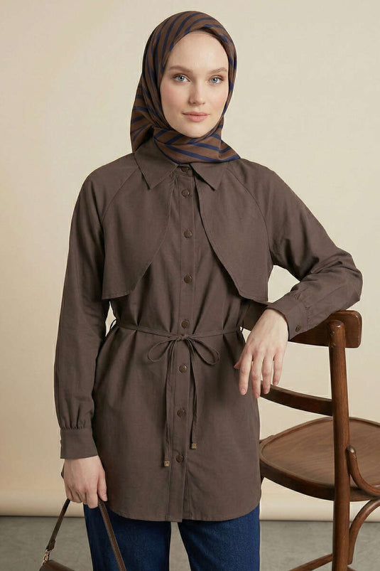 Tunic with Cape and Cord Detail Brown