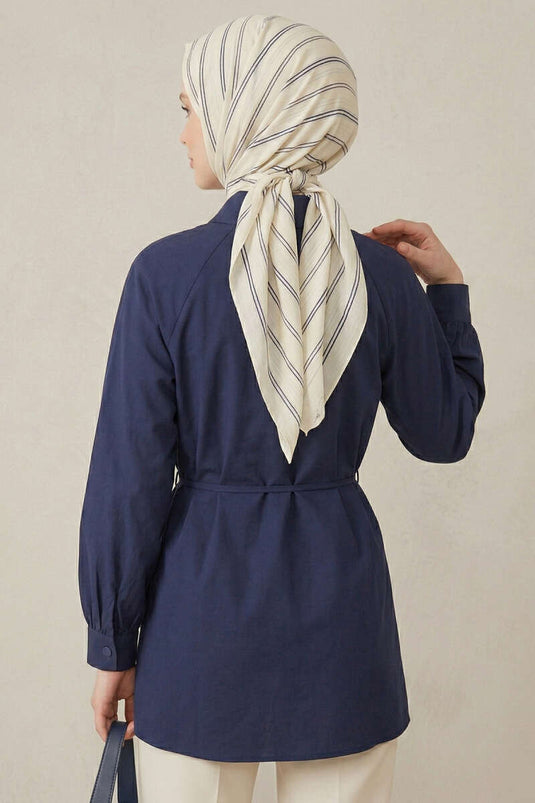 Pelerinli İp Detaylı Tunik Lacivert