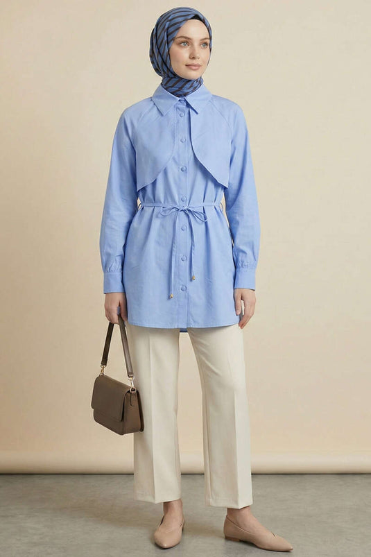 Pelerinli İp Detaylı Tunik Mavi