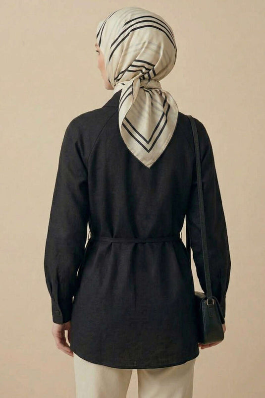 Pelerinli İp Detaylı Tunik Siyah