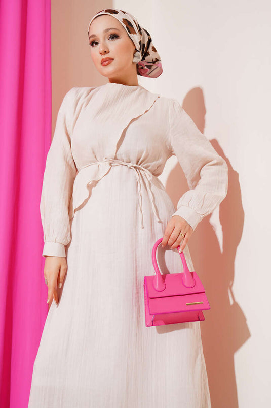 Pelerinli İp Kuşaklı Elbise Bej