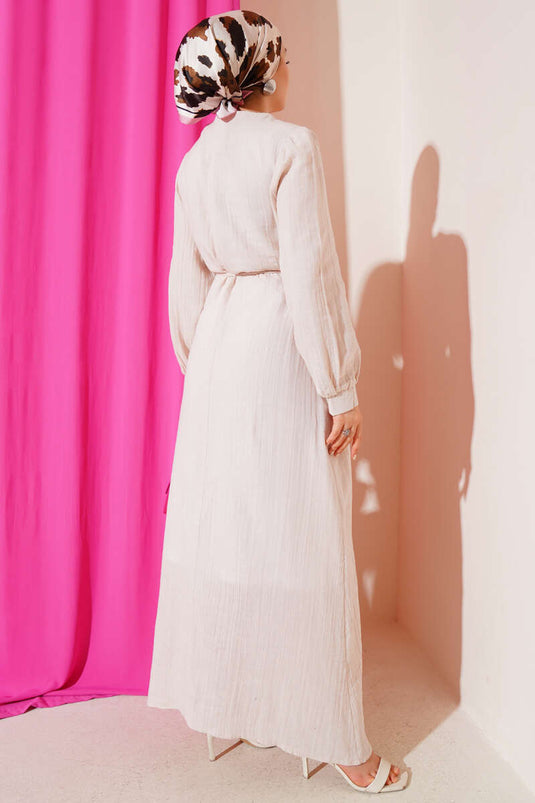 Pelerinli İp Kuşaklı Elbise Bej