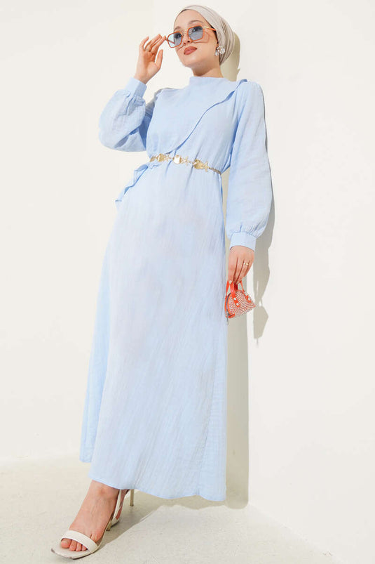 فستان أزرق بحزام من العباءة والحبل